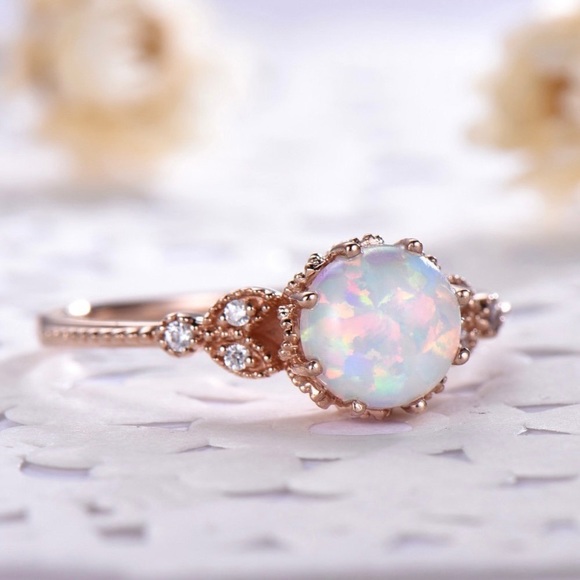 14K Rose Gold Plated Adjustable Round Opal Ring for Women - Picture 2 of 5